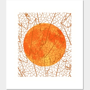 HARVEST MOON AS SEEN THROUGH LATTICEWORK OF AUTUMN LEAVES Posters and Art